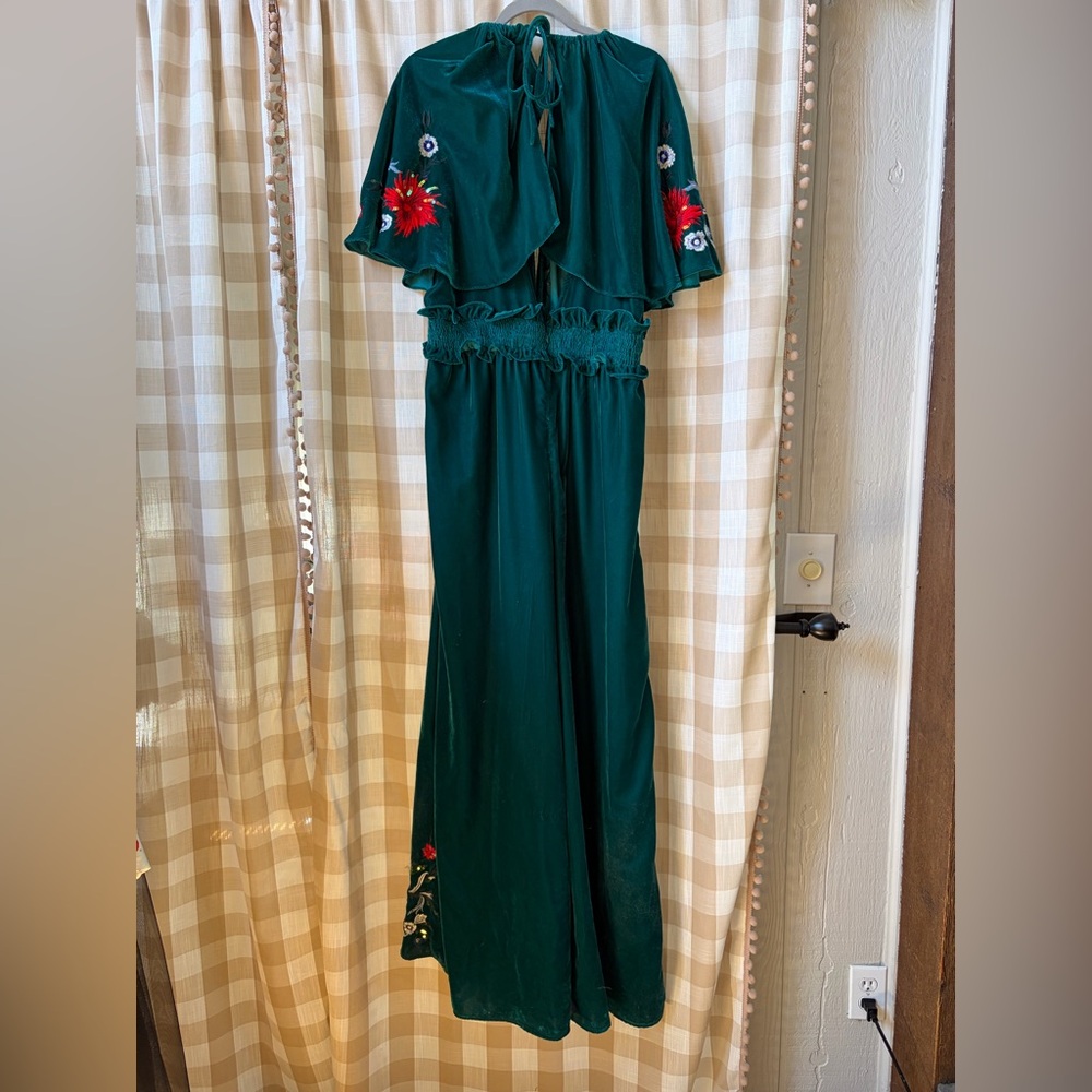 ASOS Dark Green Floral Embroidered Velvet Wide Leg Jumpsuit - Picture 2 of 8